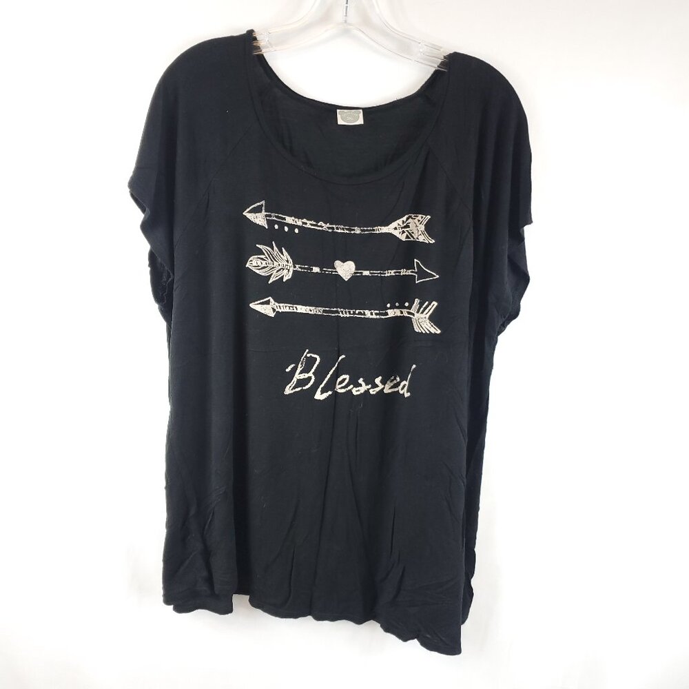 Color Bear Black Flowy Stretchy Short Slv Arrow Print Blouse Womens Sz 3XL